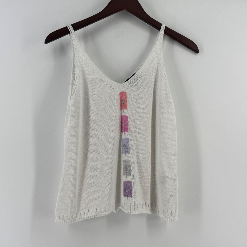 Sigrid Olsen Sport White Knit V-Neck Camisole Floral Embroidery XL